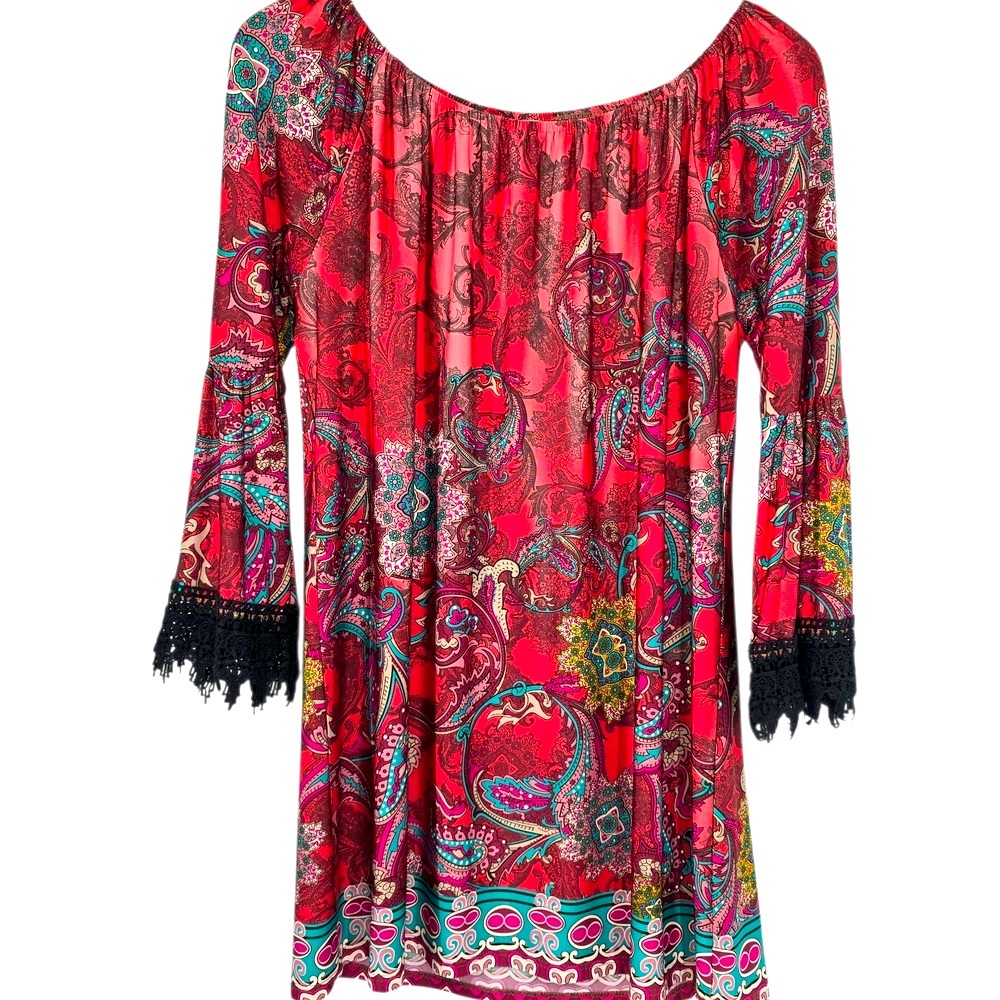 Vintage Red & Gold LilyPad Made In USA Bohemian Paisley Print Women's Top Size L